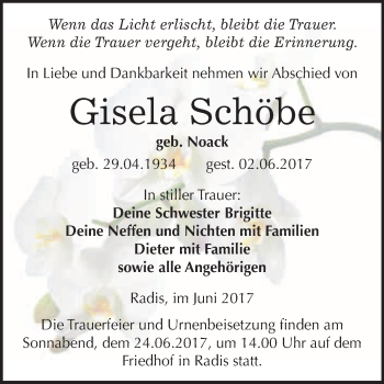 Traueranzeige von Gisela Schöbe von WVG - Wochenspiegel Wittenberg