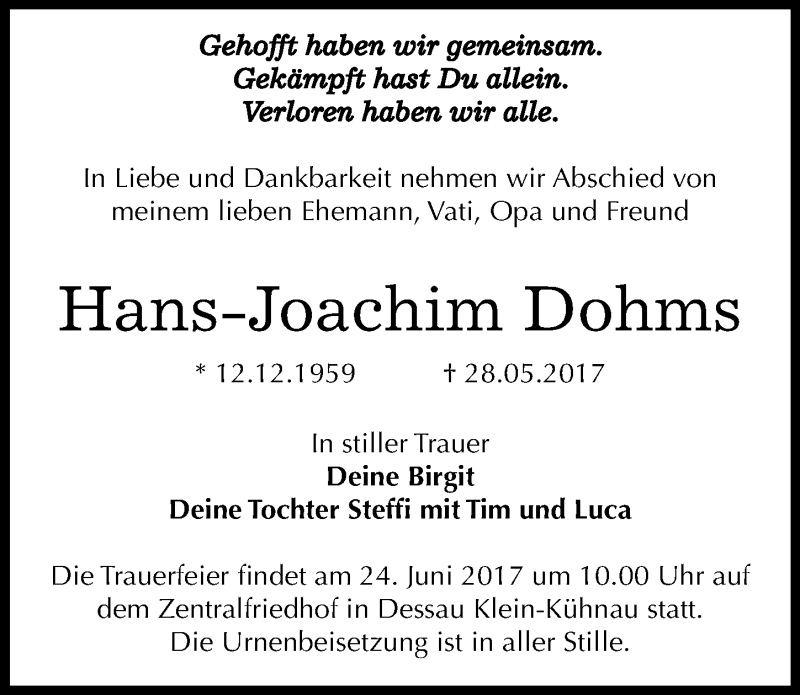  Traueranzeige für Hans-Joachim Dohms vom 12.06.2017 aus Mitteldeutsche Zeitung Dessau-Roßlau