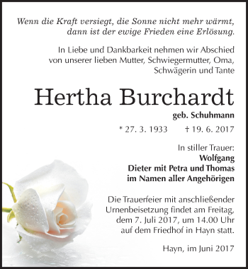 Traueranzeige von Hertha Burchardt von Mitteldeutsche Zeitung Sangerhausen