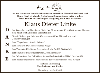 Traueranzeige von Klaus Dieter Linke von WVG - Wochenspiegel NMB / WSF / ZTZ