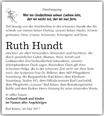 Traueranzeige von Ruth Hundt von Super Sonntag Merseburg