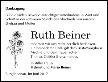 Traueranzeige von Ruth Beiner von Mitteldeutsche Zeitung Merseburg/Querfurt
