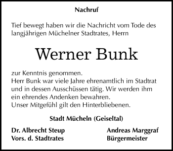 Traueranzeige von Werner Bunk von Mitteldeutsche Zeitung Merseburg/Querfurt