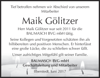 Traueranzeige von Maik Gölitzer von Super Sonntag Bernburg
