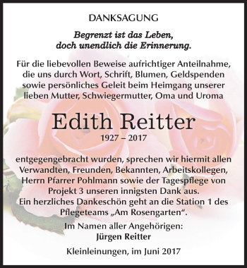 Traueranzeige von Edith Reitter von Mitteldeutsche Zeitung Sangerhausen