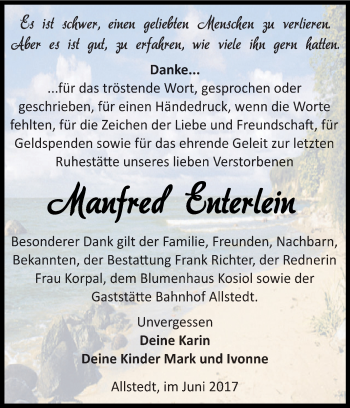 Traueranzeige von Manfred Enterlein von Super Sonntag SGH Mansf. Land