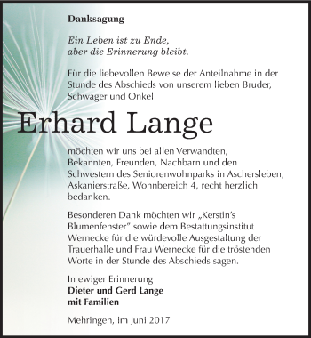 Traueranzeige von Erhard Lange von Mitteldeutsche Zeitung Aschersleben