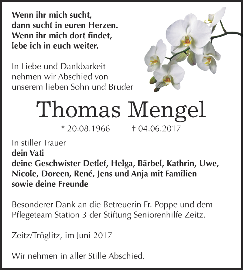  Traueranzeige für Thomas Mengel vom 17.06.2017 aus Super Sonntag Zeitz