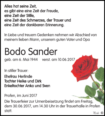 Traueranzeige von Bodo Sander von Super Sonntag Zeitz