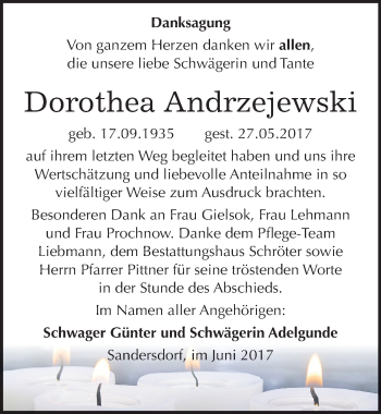 Traueranzeige von Dorothea Andrzejewski von Mitteldeutsche Zeitung Bitterfeld
