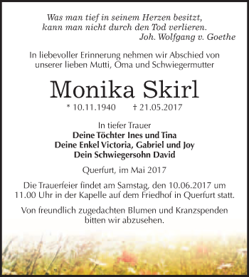 Traueranzeige von Monika Skirl von WVG - Wochenspiegel Merseburg