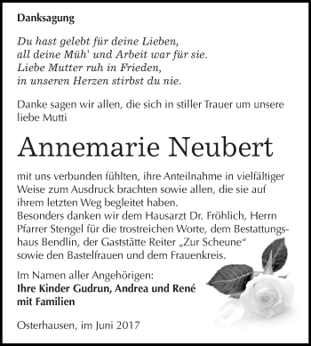 Traueranzeige von Annemarie Neubert von Super Sonntag SGH Mansf. Land