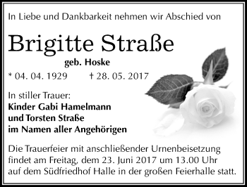 Traueranzeige von Brigitte Straße von Mitteldeutsche Zeitung Halle/Saalkreis