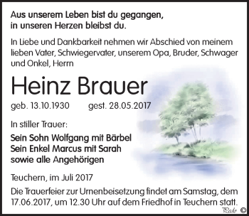 Traueranzeige von Heinz Brauer von Mitteldeutsche Zeitung Weißenfels