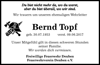 Traueranzeige von Bernd Topf von Mitteldeutsche Zeitung Weißenfels