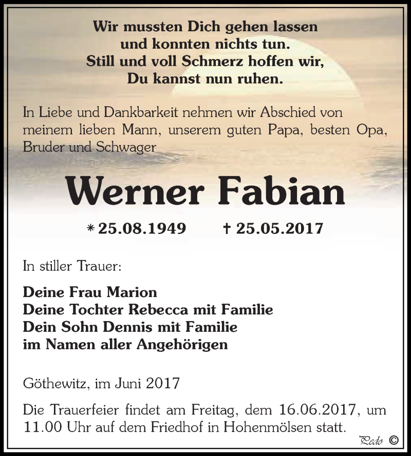  Traueranzeige für Werner Fabian vom 07.06.2017 aus WVG - Wochenspiegel NMB / WSF / ZTZ