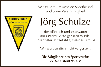 Traueranzeige von Jörg Schulze von WVG - Wochenspiegel Dessau / Köthen