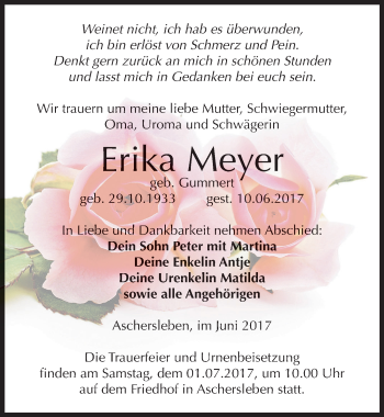 Traueranzeige von Erika Meyer von Mitteldeutsche Zeitung Aschersleben