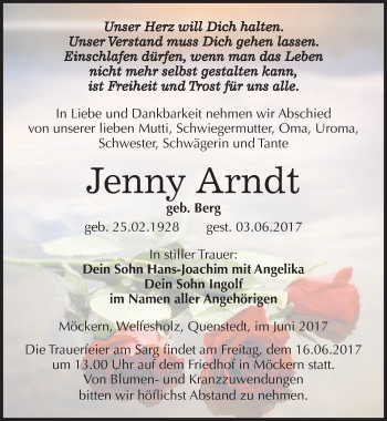 Traueranzeige von Jenny Arndt von Mitteldeutsche Zeitung Mansfelder Land