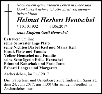 Traueranzeige von Helmut Herbert Hentschel von Mitteldeutsche Zeitung Aschersleben