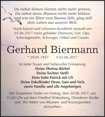 Traueranzeige von Gerhard Biermann von WVG - Wochenspiegel Wittenberg