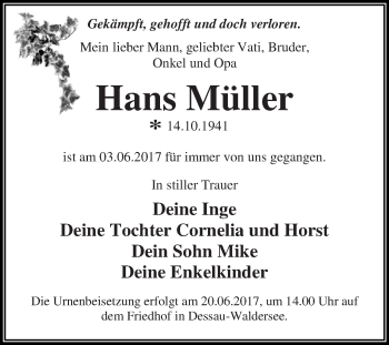 Traueranzeige von Hans Müller von WVG - Wochenspiegel Dessau / Köthen