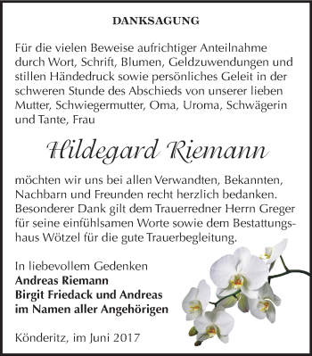 Traueranzeige von Hildegard Riemann von Mitteldeutsche Zeitung Zeitz