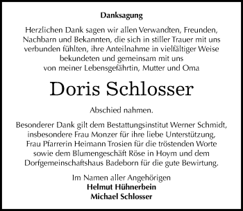 Traueranzeige von Doris Schlosser von Mitteldeutsche Zeitung Quedlinburg