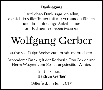 Traueranzeige von Wolfgang Gerber von Mitteldeutsche Zeitung Bitterfeld