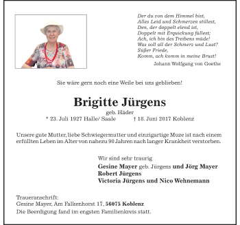 Traueranzeige von Brigitte Jürgens von Mitteldeutsche Zeitung Halle/Saalkreis