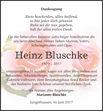 Traueranzeige von Heinz Bluschke von Mitteldeutsche Zeitung Sangerhausen