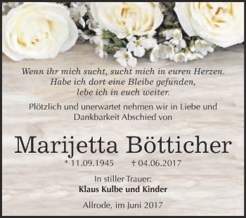 Traueranzeige von Marijetta Bötticher von WVG - Wochenspiegel Quedlinburg