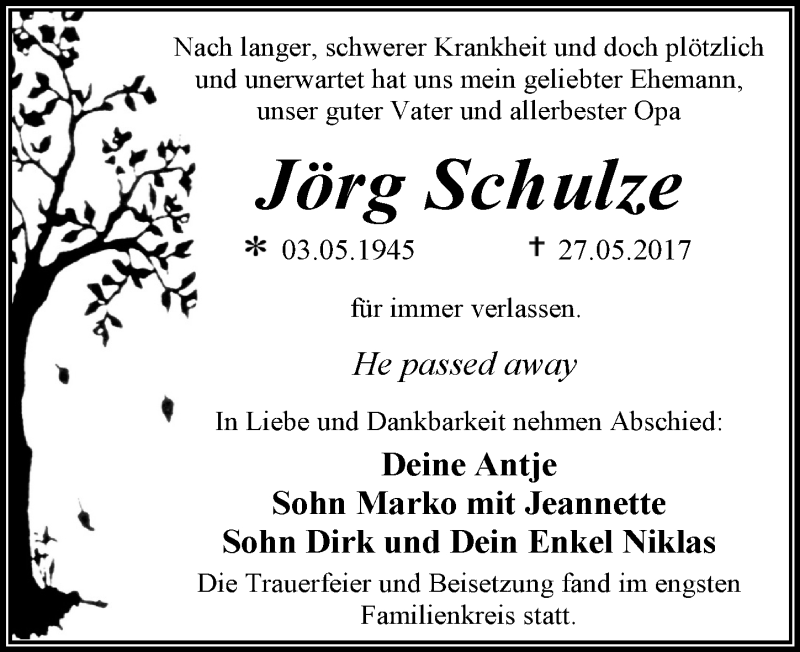  Traueranzeige für Jörg Schulze vom 10.06.2017 aus Mitteldeutsche Zeitung Dessau-Roßlau