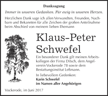Traueranzeige von Klaus-Peter Schwefel von WVG - Wochenspiegel Wittenberg