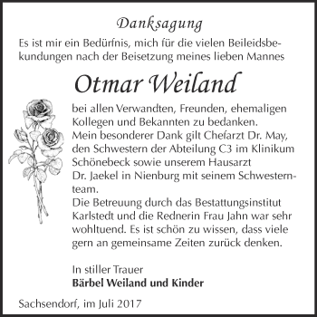 Traueranzeige von Otmar Weiland von Super Sonntag Bernburg