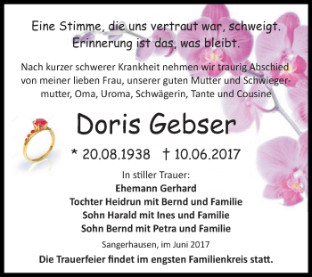Traueranzeige von Doris Gebser von Super Sonntag SGH Mansf. Land