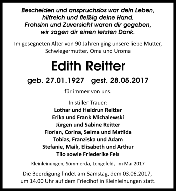 Traueranzeige von Edith Reitter von Mitteldeutsche Zeitung Sangerhausen