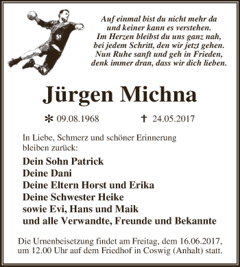 Traueranzeige von Jürgen Michna von WVG - Wochenspiegel Dessau / Köthen