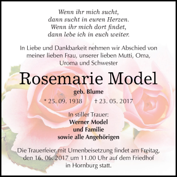 Traueranzeige von Rosemarie Model von Wochenspiegel Mansfelder Land