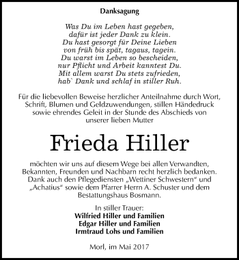 Traueranzeige von Frieda Hiller von Mitteldeutsche Zeitung Halle/Saalkreis