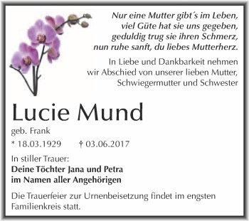 Traueranzeige von Lucie Mund von WVG - Wochenspiegel Merseburg