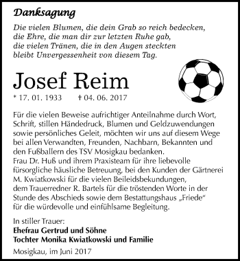 Traueranzeige von Josef Reim von Mitteldeutsche Zeitung Dessau-Roßlau