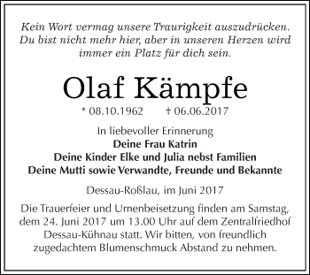 Traueranzeige von Olaf Kämpfe von WVG - Wochenspiegel Bitterfeld
