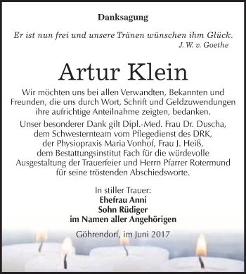 Traueranzeige von Artur Klein von WVG - Wochenspiegel Merseburg