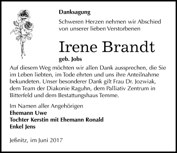 Traueranzeige von Irene Brandt von Mitteldeutsche Zeitung Bitterfeld