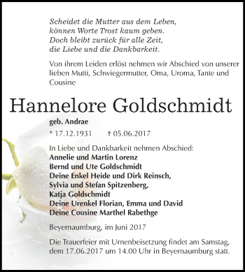 Traueranzeige von Hannelore Goldschmidt von Super Sonntag SGH Mansf. Land