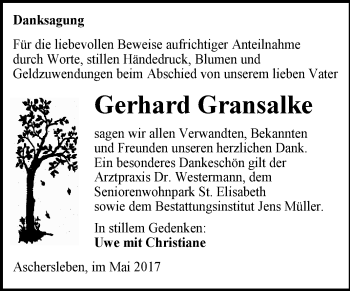 Traueranzeige von Gerhard Gransalke von Super Sonntag Aschersleben