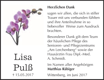 Traueranzeige von Lisa Pulß von WVG - Wochenspiegel Wittenberg