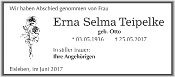 Traueranzeige von Erna Selma Teipelke von Wochenspiegel Mansfelder Land