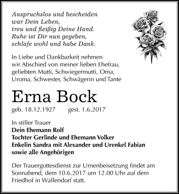 Traueranzeige von Erna Bock von Mitteldeutsche Zeitung Merseburg/Querfurt